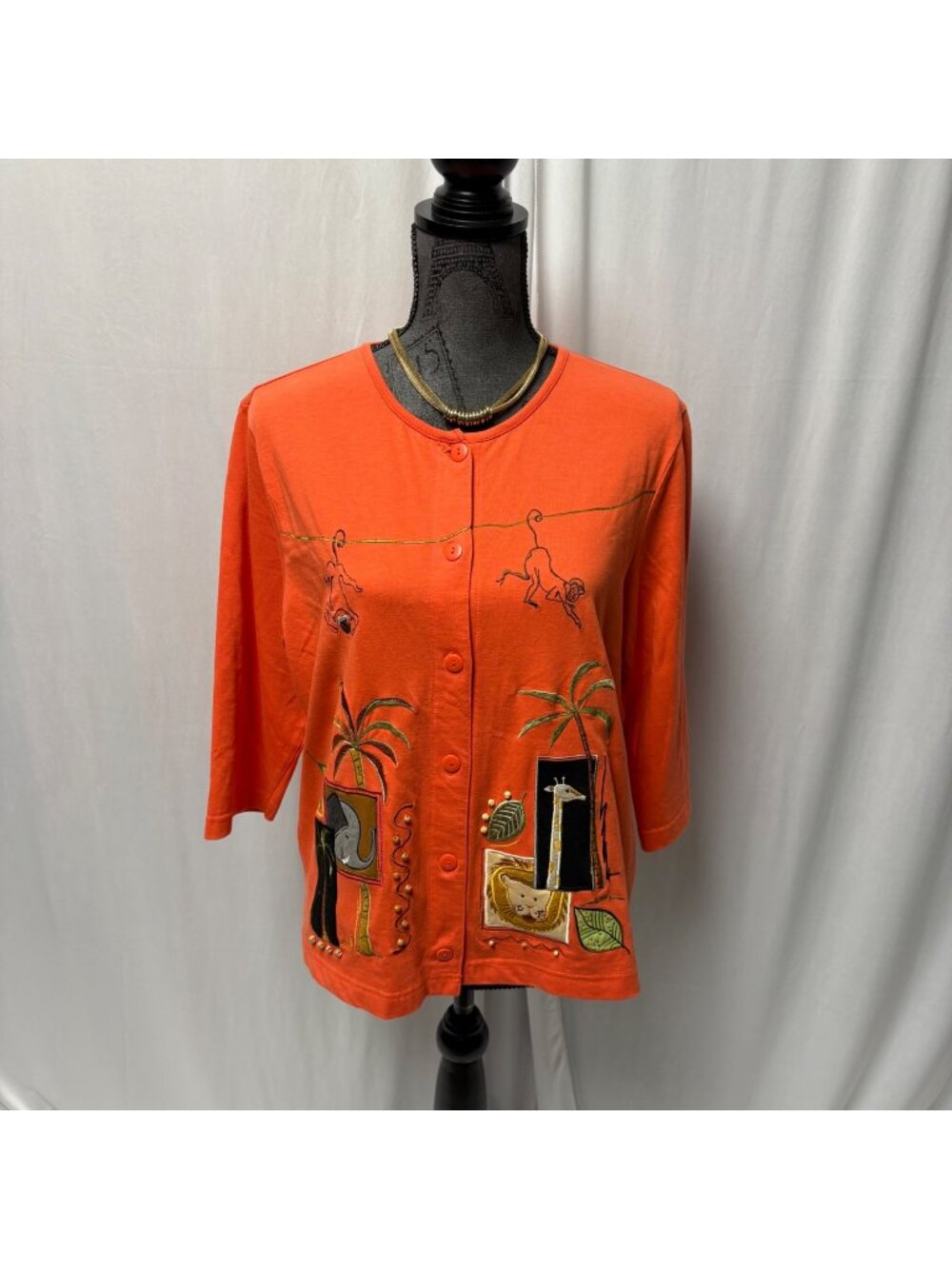 Onque Casuals Button-Up Cardigan Womens Large Embroidered Beaded Jungle Animals